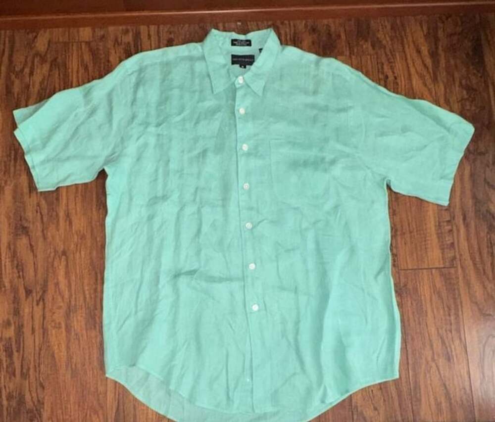 Saks Fifth Avenue Short Sleeve Shirt Size XL Green 100% Linen Button-Up